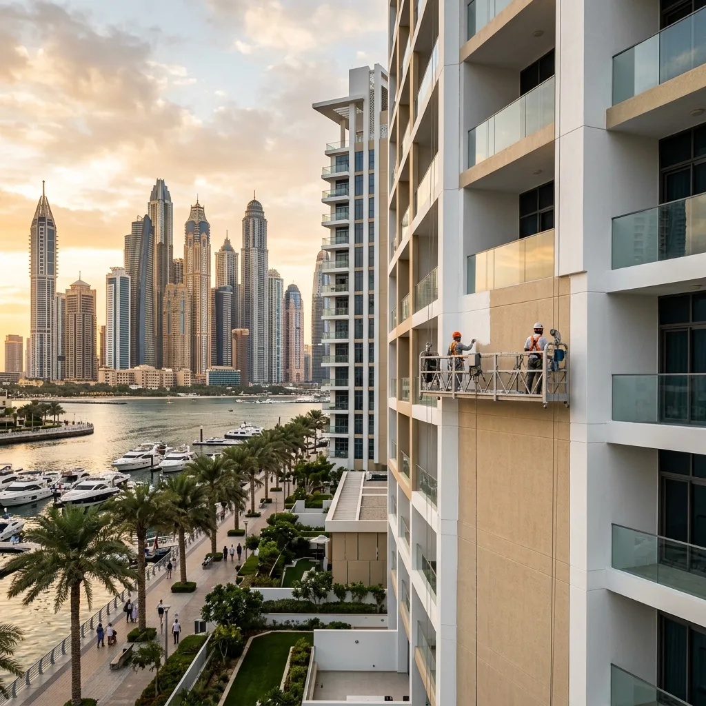 Completed exterior façade painting on a residential tower in Dubai